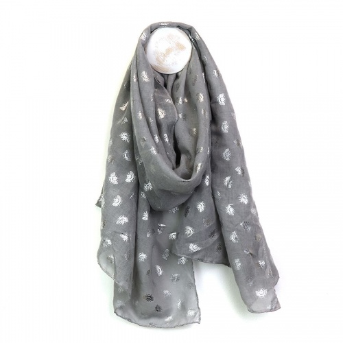 Grey Washed Scarf with Silver Bee Print by Peace of Mind